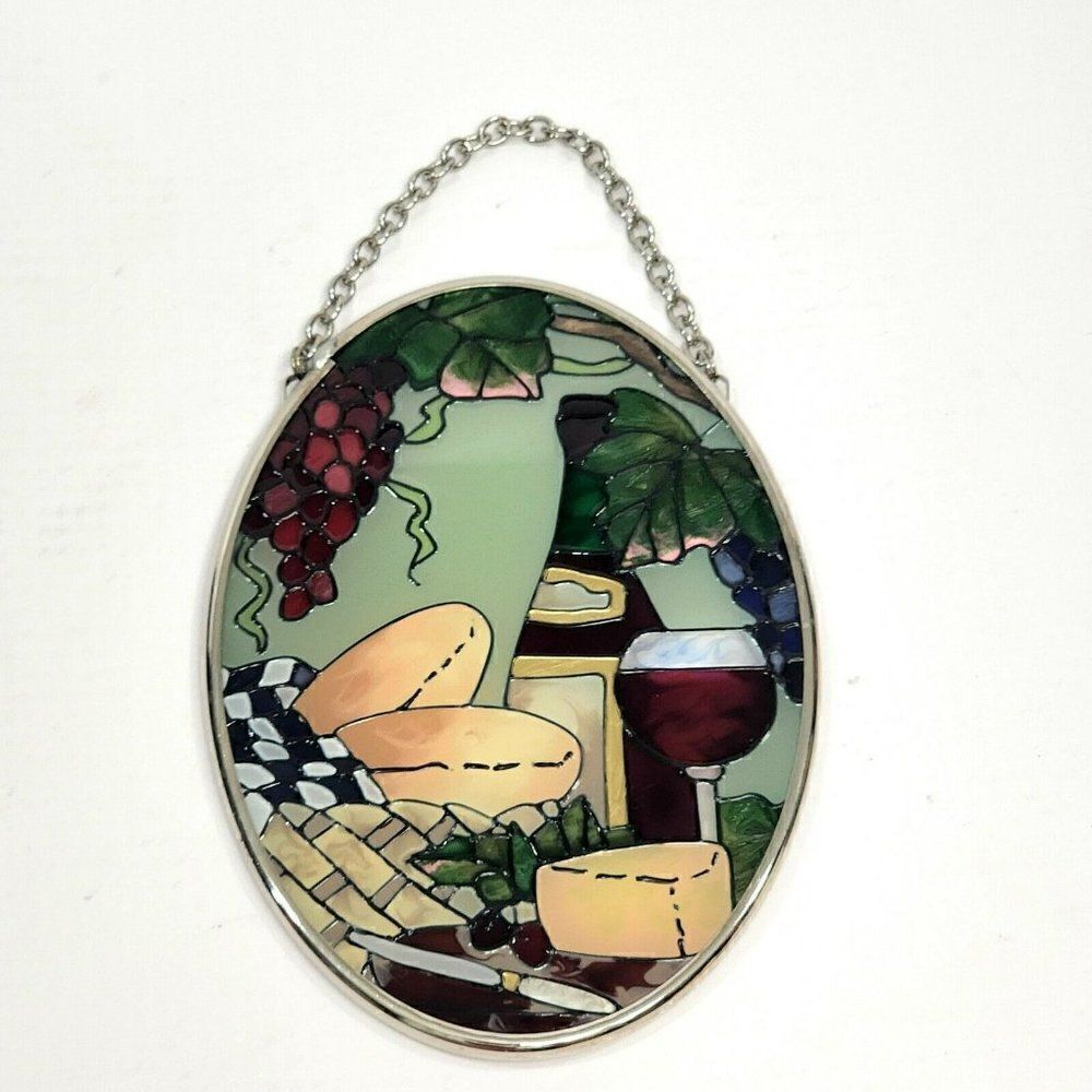 Joan Baker Designs Handpainted Glass Hanging Sun Catcher Wine & Cheese 4.5" x 3"